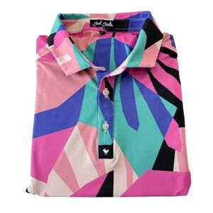 Bad Birdie Mens XL Golf Polo Shirt Pink Teal Geometric Abstract Short Sleeve